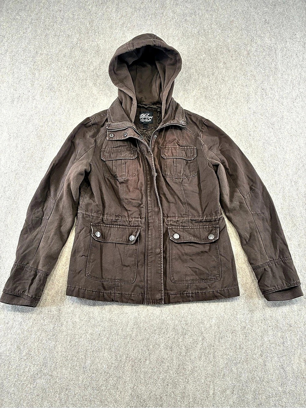 Blanc Noir Women’s Brown Hooded Field Jacket Canvas Zip/Button Lined L